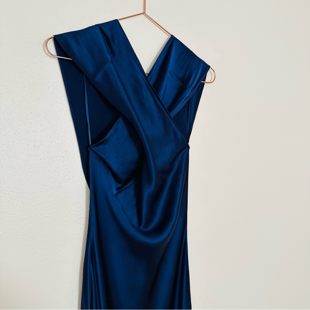 New Amanda Uprichard Jade Silk Dress Navy Maxi Halter Open Back - Picture 11 of 13